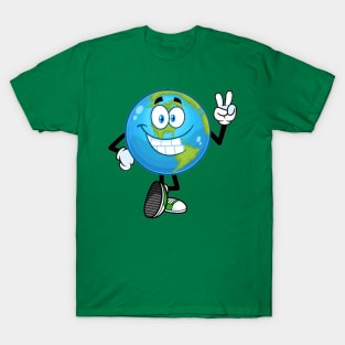 Smiling earth globe cartoon character showing peace hand sign T-Shirt